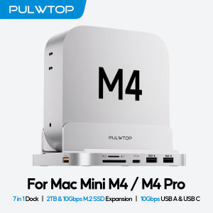 PULWTOP Mac Mini M4 Dock Stand with M.2 SSD Enclosure for Mac Mini M4/M4 Pro with USB A/C 3.2 Audio Mic SD/TF