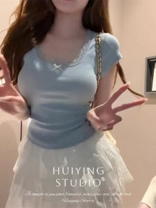 Hot Girl Pure Desire Baby Blue Short Sleeve T-Shirt Womens Summer New Design Sense Lace Edge Short T-Shirt Korean Style Slim Fit