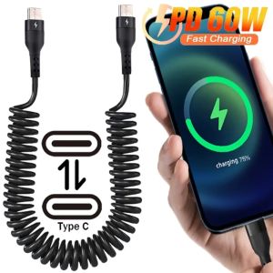 PD60W Dual Type C Fast Charging Retractable Data Cable USB C To Type C Coiled Spring Wire Car Charger Cord for Phone Laptop Computer Quick Charger