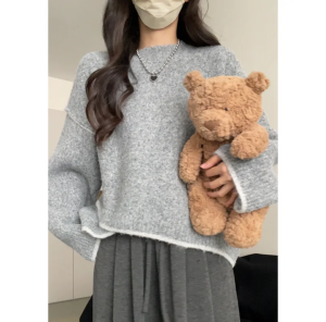 Stylish Asymmetrical Contrast Color Sweater Female New Arrival Fall and Winter Loose and Lazy Style Soft Glutinous Fancy Pullover Knitwear