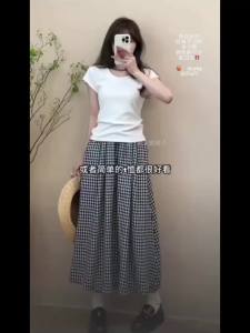 Black White Checkered A-line Skirt Women Summer Lightweight High Waisted Long Skirt for Petite Slimming Casual 2025 New