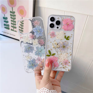 New Transparent Silver Foil Phone Case with Drip Glue Dry Flowers And Real Flowers Compatible with Apple 17promax iPhone 12/11/XR/14/16promax