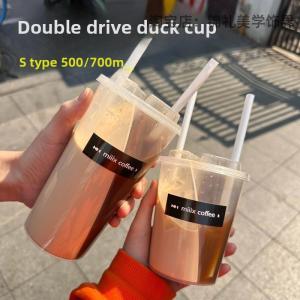 แก้วกาแฟพลาสติกแบบใช้แล้วทิ้งสองเส้นทางสองชั้นหนา S-Shape แก้วแบ่งปันรูปคู่ แก้วลาตีรูปเป็ด กล่องของขวัญสุ่ม