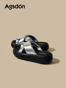 Agsdon | Silver Open Toe Slip On Shoes Thick Heel Comfortable Sole Sandals