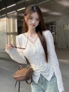 GUZILIAN | Lace V-neck Fleece-lined Shirt Womens Autumn Winter Layering Base Top Elegant Style Long Sleeve Slim Fit Commute Fashion