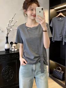 Gray Lace-Up Hollow Out Crew Neck Short Sleeve Stylish New Summer Loose Fitting Slim T-shirt