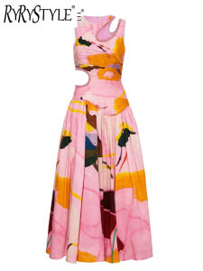 ชุดเดรส เสื้อผู้หญิงคอกลม รุ้งชุดเดรส พิมพ์ลายเอว สูงแขนกุด สำหรับผู้หญิง