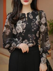 Áo Sơ Mi Voan Tay Dài Họa Tiết Hoa Cho Nữ Trẻ Trung Mẫu Đơn Thanh Lịch Thời Trang Mùa Xuân Mới Xuất Hiện K-phong Cách Loại Rời Phần Mỏng