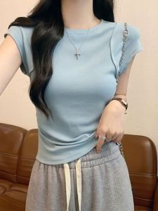 Slim Fit Short Sleeve T-Shirt Womens round Neck Gathered Waist Summer New Style Cotton Blend Sweet And Spicy Style Pure Color