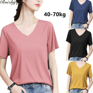 Ruizhijzg Ready Stock 40-80 KG Womens Ice Silk V-neck Short Blouse Loose Plus size T-shirt Woman Solid Color Casual Top Large Size Home Wear Pajamas Korea