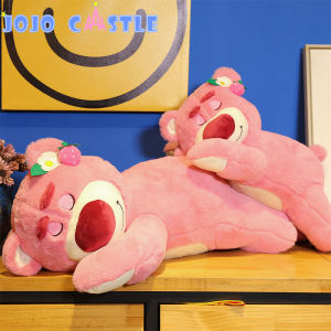 JOJO CASTLE 50/70/90/105cm New Cute Lying Down Bear Plush Toy 草莓熊公仔 Pink Strawberry Bear Pillow Doll Cushion Home Decor Baby Toys Kids Girls Birthday Gifts