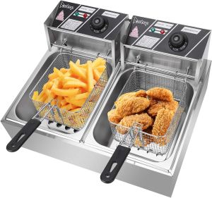 Electric Deep Fryer Stainless Steel Frying Machine Auto Fryers Oil Fryer Machine Electric Bucket Fryer with Timer Dual Tank 20L Fryer Gas for Fried Chicken Home Kitchen Commercial