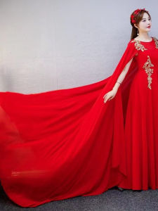 Classical Red Evening Gown Womens Adult Guzheng Solo Performance Large Chorus Competition Conductor Host Elegant A-Line Skirt