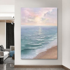 Living Room Abstract Hand-Painted Wave Beach Texture Art Vertical Large Ocean View Decorative Hanging Painting Entranceway