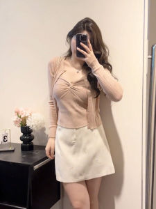 plus Size Womens French Vintage Strap Top Knitted Cardigan Set with Knot Design Long Sleeve V-Neck Spring Autumn Fashion Set