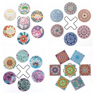 6pcs/Set DIY Diamond Art Coasters with Holder Mandala Crystal Rhinestones Wood Coasters Flowers Diamond Art Coasters for Adults