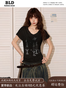 Áo Thun Tay Ngắn Ôm Vừa Vặn Màu Đen Phong Cách Mỹ Cho Nữ Mùa Hè Mỏng Ngắn Tay Áo Cánh Nhỏ Gợi Cảm Cổ Tròn in Họa Tiết