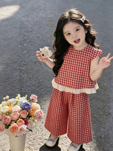 Korean Style Sweet Cute Girl Loose Checkered Sleeveless Suit Set Summer
