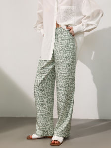 Miccbeirn | Silk Wide Leg Pants Straight Cut Loose Fit Printed Drapey Waist Elastic Artistic Casual Trousers For Women Summer Season