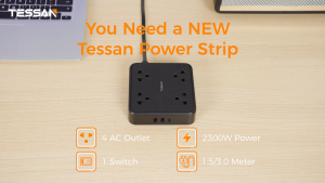 Tessan Flat Plug Power Strip with 1.5m / 3m Extension Cord Ultra Thin Flat Plug 4 AC Outlets 2 USB A & USB C Ports Overload Protection Switch Fireproof Material