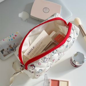 Portable Cat Print Pencil Case Large Capacity Girls Cute Storage Bag Student Stationery Organizer Canvas Cartoon Style