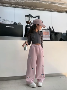 2026 Korean Loose Cargo Pants For Kids Girls 6-16yrs  Cotton Baggy Sport Pants Cute Pattern Wide leg Jogger Pants Baggy Pants Drawstring Elastic Waist WIth Pockets Street Style For Kids Girls OOTD