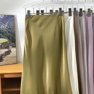 Elegant Womens Skirts High Waist Silk Satin A-line Skirt Lady Fashion Solid Color Purple Long Skirts for Women Fashion 2024