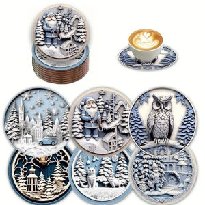 A 6-piece set of wooden coasters featuring snow scenes owls cats and cartoon character patterns for Christmas gifts