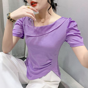 Yimei Áo thun đính kim cương cổ chữ V gợi cảm cho nữ 2023 quần áo mùa hè với tay áo bong bóng và áo xẻ tà không đều. Áo thun nữ màu tím mảnh mai và đẹp