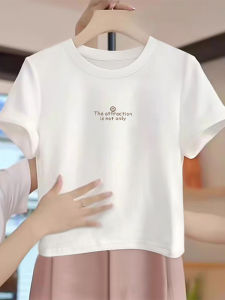 เสื้อยืดคอกลมแขนสั้นผ้าฝ้ายแท้สำหรับผู้หญิง ฤดูร้อน 2025 เสื้อตัวบนสั้นทรงเข้ารูปสไตล์เกาหลี ผ้าฝ้ายผสมโพลีเอสเตอร์ 95%