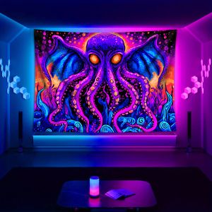VIKAMA Neon Octopus Tapestry Psychedelic Art Decor Esports Room Trendy Space Atmospheric Wall Art Room Decor
