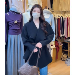 Black Mid-Length Collared Knit Cardigan Womens Autumn Winter Thick Lazy Style Sweater Coat Warmth Emitting Long Sleeve V-Neck