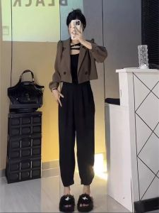 Elegant Black High Waist Suit Set for Women Long Sleeve Short Coat And Harlan Pants Two Piece Set Fashionable Spring Autumn
