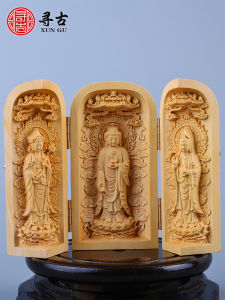 Looking for Ancient Boxwood Craft Western Trinity Buddha Statue Guanyin Ornaments Solid Wood Decoration Portable Buddha Niche Three-Open Box Crafts