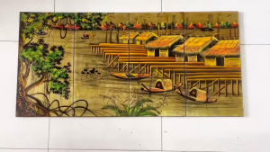 Bộ tranh sơn mài 4 tấm -ĐỒNG QUÊ - Size 60x120 cm / Nền dát vàng cao cấp