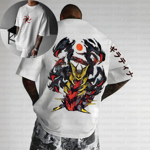 Bandai | Summer 2026 Anime Pokemon Cotton T Shirt Red Horned Character Back Print Yellow Eye and Blade Design Loose Fit Men Casual