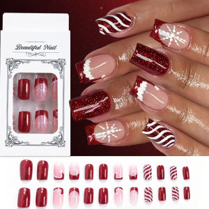24Pcs Christmas Red Glitter Fake Nails Snowflakes Xmas Hat White Stripe Short Square Press On Nails Full Cover False Nail Tips 1