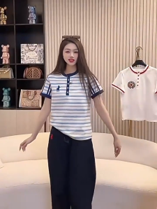 🦋 NLONKE Button Fashionable Striped T-shirt Short Sleeved Women Versatile Top