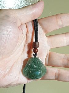 Gegegems Collection natural untreated Burma Jade (Type A Jadeite) icy greenish Laughing Buddha pendant (with certificate) 翡翠冰种淡绿弥勒佛笑佛吊坠(带证书)