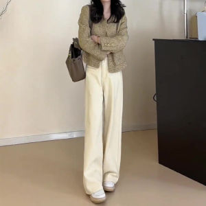 ฤดูหนาว ขากว้างบาง กางเกงยีนส์ ผู้หญิง หลวม ตัดตรง กางเกงขายาว ทันสมัย Bootcut กางเกงขายาว สูง เอว สไตล์เกาหลี