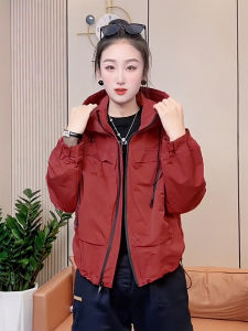 Red Short Thin Jacket For Women Spring Autumn Hooded