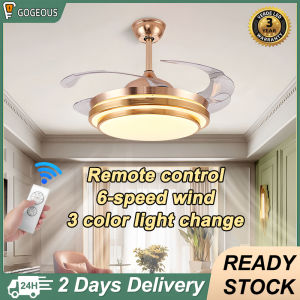 Gogeous ceiling fan with light modern gold 6-speed wind LED tri color light 42 inch ceiling fan with led light remote control chandelier with fan retractable ceiling fan light for living room dining room bedroom