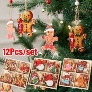 🎄Ready Stock🎄12Pcs Wooden Gingerbread Man Santa Claus Pendant Cute Cartoon Xmas Tree Dolls Hanging Ornaments Home New Year Party DIY Decoration Supplies