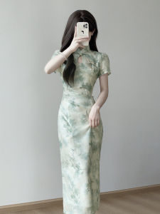 Ting Yue Ling Cheongsam Young Revised Style Summer Dress Elegant Chinese Style Daily Wear Short Sleeve Low Slit Scenic Pattern