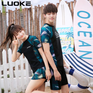 Luoke New Couple Swimsuit Women Split Skirt Men Split Pants Large size 2pcs swimwear