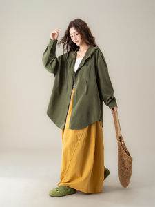 SHANGWEILUO | Áo Hoodie Tay Dài Màu Xanh Quân Đội Phong Cách Retro Nữ Dáng Rộng và Giúp Gọn