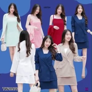 TW18976 set 2 ชิ้น เสือทรงสูทแขนยาว ติดกระดุม + เดรสสายเดี่ยว