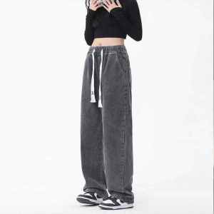 Gray Drawstring Jeans Womens Loose Wide Leg Straight Casual Jeans Autumn High Waist Cotton Stretch Denim Lazy Style Trousers