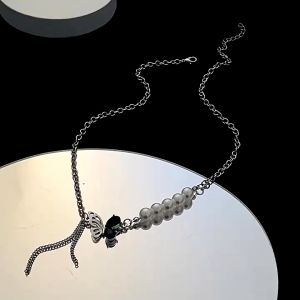 KHALISA NECKLACE - Kalung Wanita Rantai Silver Kombinasi Pearl Mutiara Manik Simple Aesthetic Adjustable Aksen Liontin Bow Black Zircon Butterfly Perhiasan Aksesoris Fashion Korean Style kekinian [I3-5]