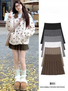 Maillard Woolen Skirt Womens Spring Autumn and Winter High Waist Slim Looking A- line Small Fashion Tape JK Pleated Skirt